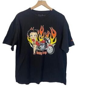 Betty Boop Graphic T-Shirt Biker Tee Flames Retro Black Motorcycle Print Sz XL